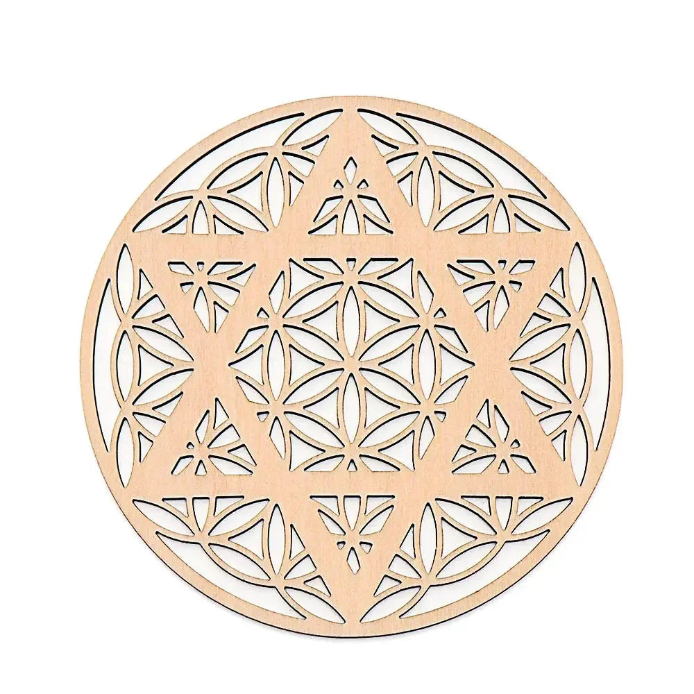Chakra Flower of Life Natural Wood Coasters For Crystal Set