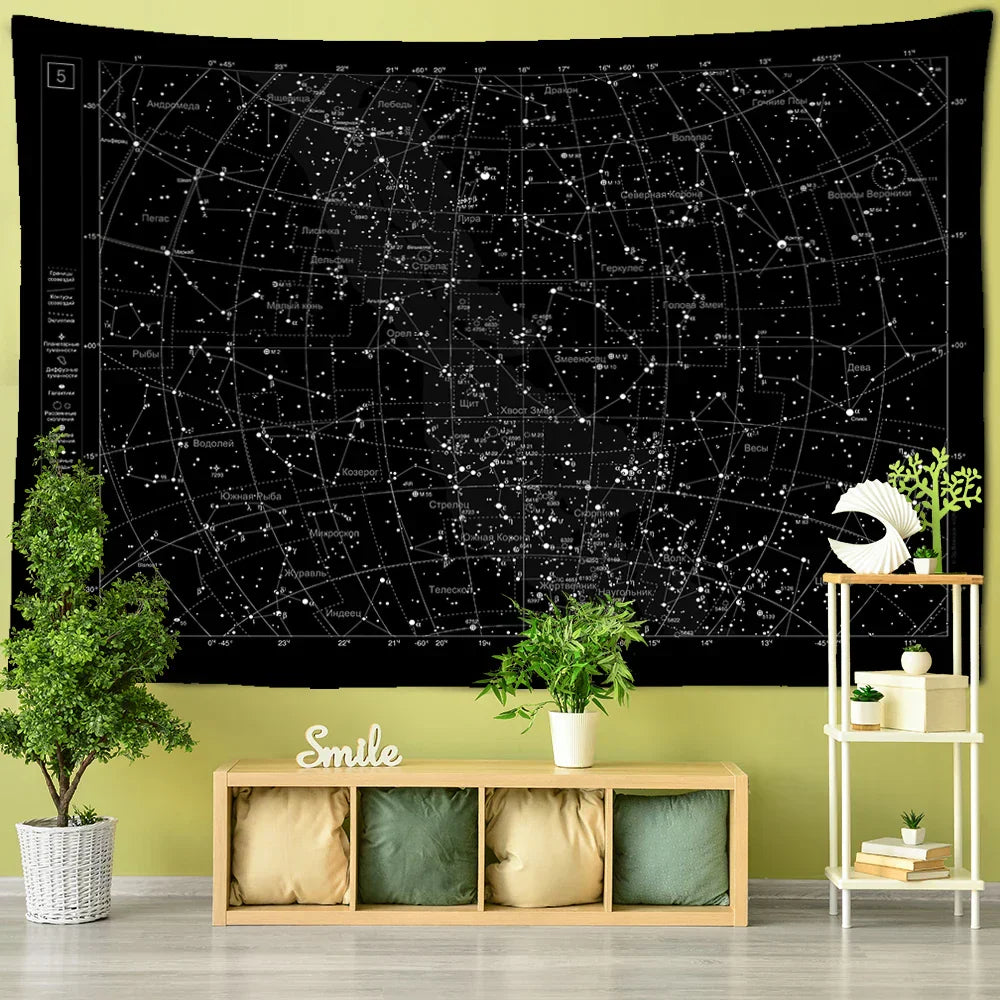 DecorBites™ Interstellar Sky Map Constellations Tapestry- Black Galactic Wall Decor