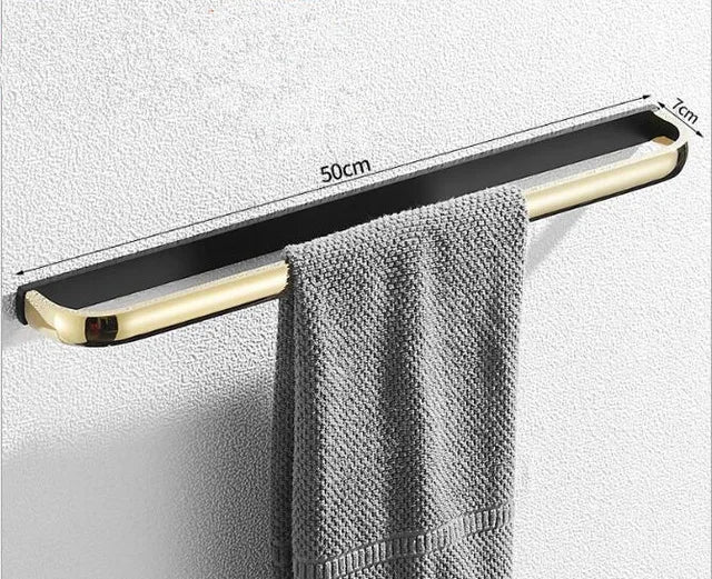 DecorBites™ Gold & Black Bathroom Set - Shelf, Towel Rack, Holder, Brush Holder & More