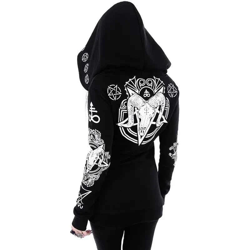 Irregular Black Punk Sweatshirt | Sheep Head Moon Print | MUNSIEUR