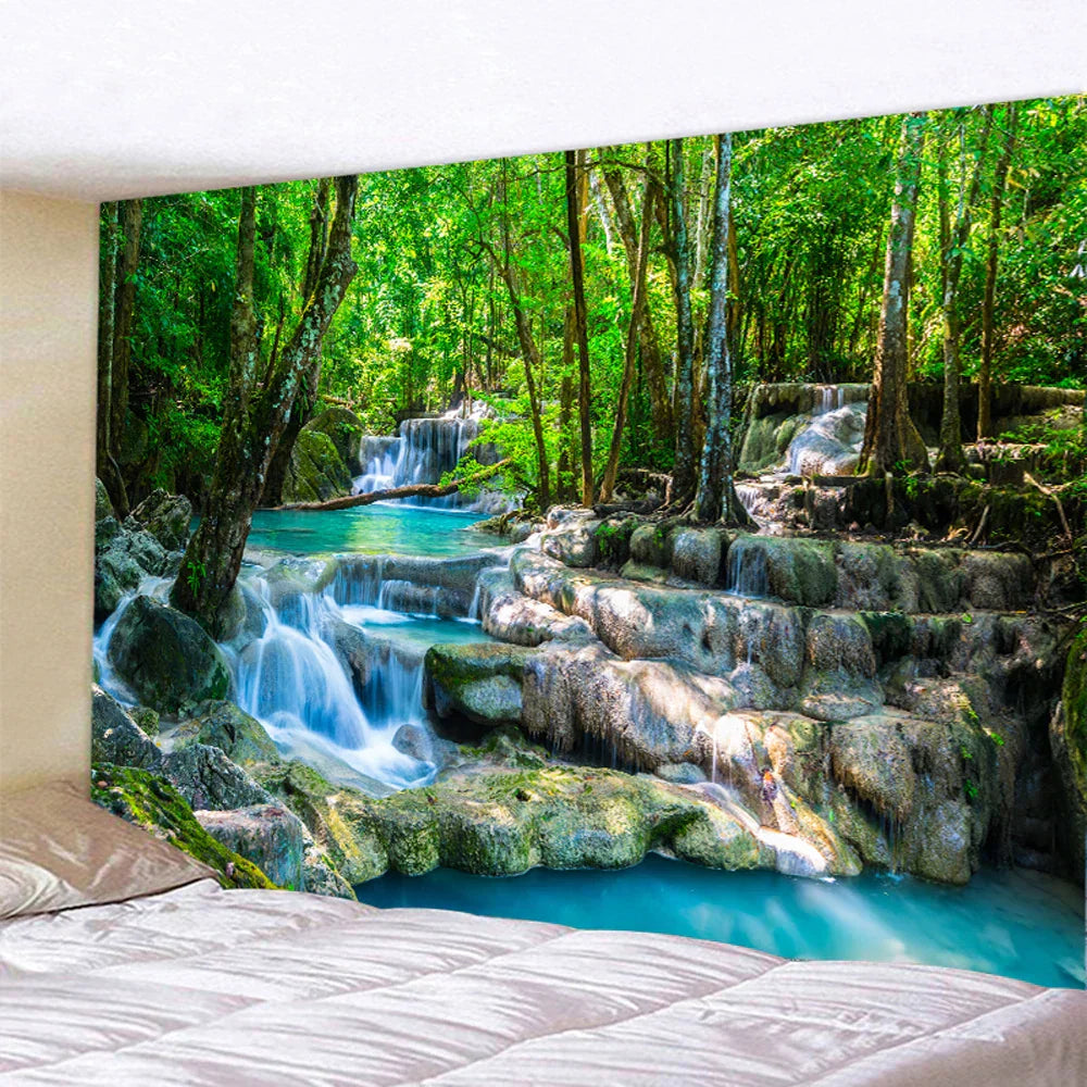 DecorBites™ Forest Waterfall Art Tapestry: Boho Hippie Decor Yoga Mat Sofa Blanket