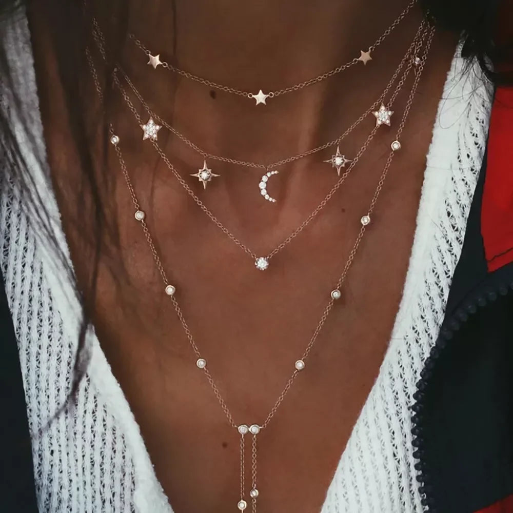 Boho Crystal Star & Moon Necklace