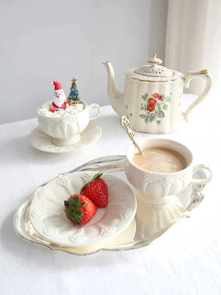 DecorBites™ French Garden Cream Ceramic Tea Cup Saucer Set for Elegant Afternoon Tea