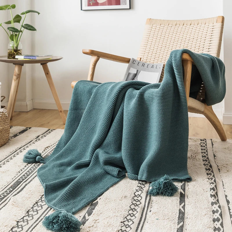 DecorBites™ Knit PomPom Tassel Throw Blanket - Soft Yellow Blanket 50"x62"