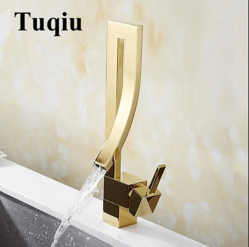 DecorBites™ Gold Brass Square Basin Faucet Single Handle Deck Mounted Bathroom Sink Mixer