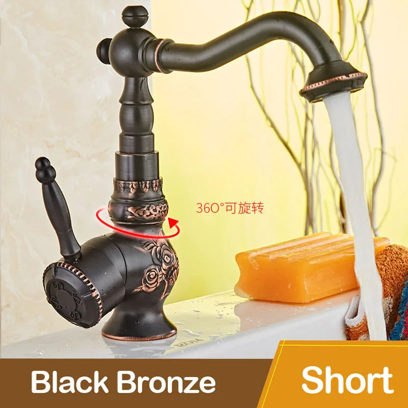 DecorBites™ Black Flower Carved Basin Mixer Tap with Swivel Neck, Single Lever Control