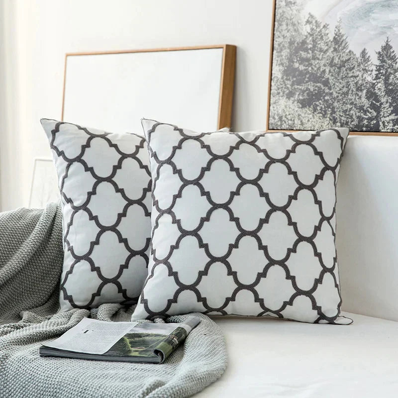 DecorBites™ Grey Geometric Embroidered Cushion Cover 45x45cm