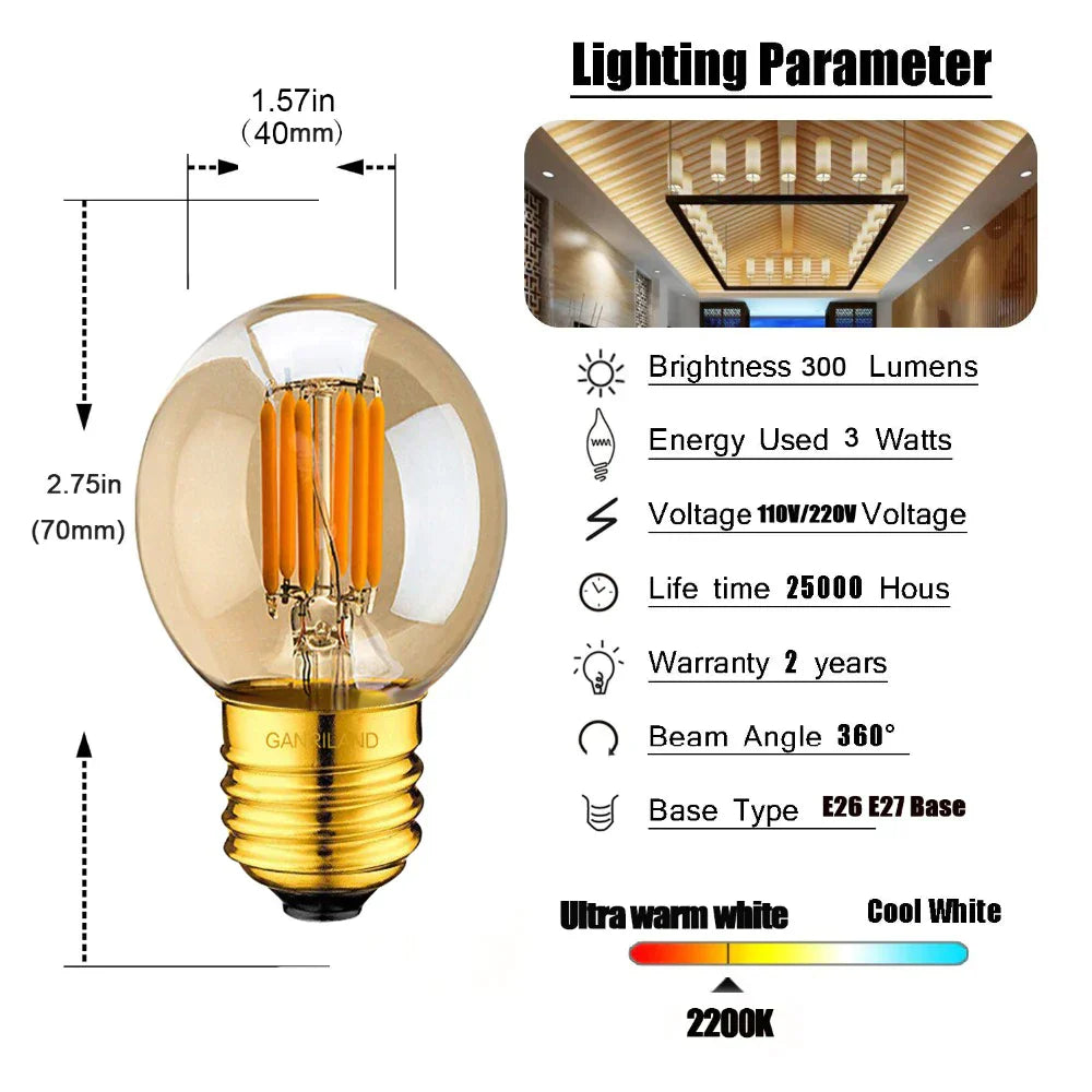 DecorBites™ G40 3W LED Bulbs Warm White 110V 220V E26 E27 Decor Filament Globe Ball