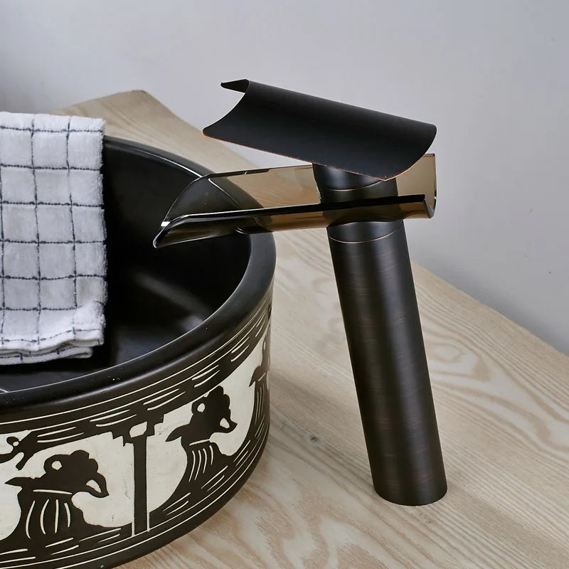 DecorBites™ Black Bronze Glass Spout Waterfall Basin Mixer Tap - Deck Mounted Countertop Faucet