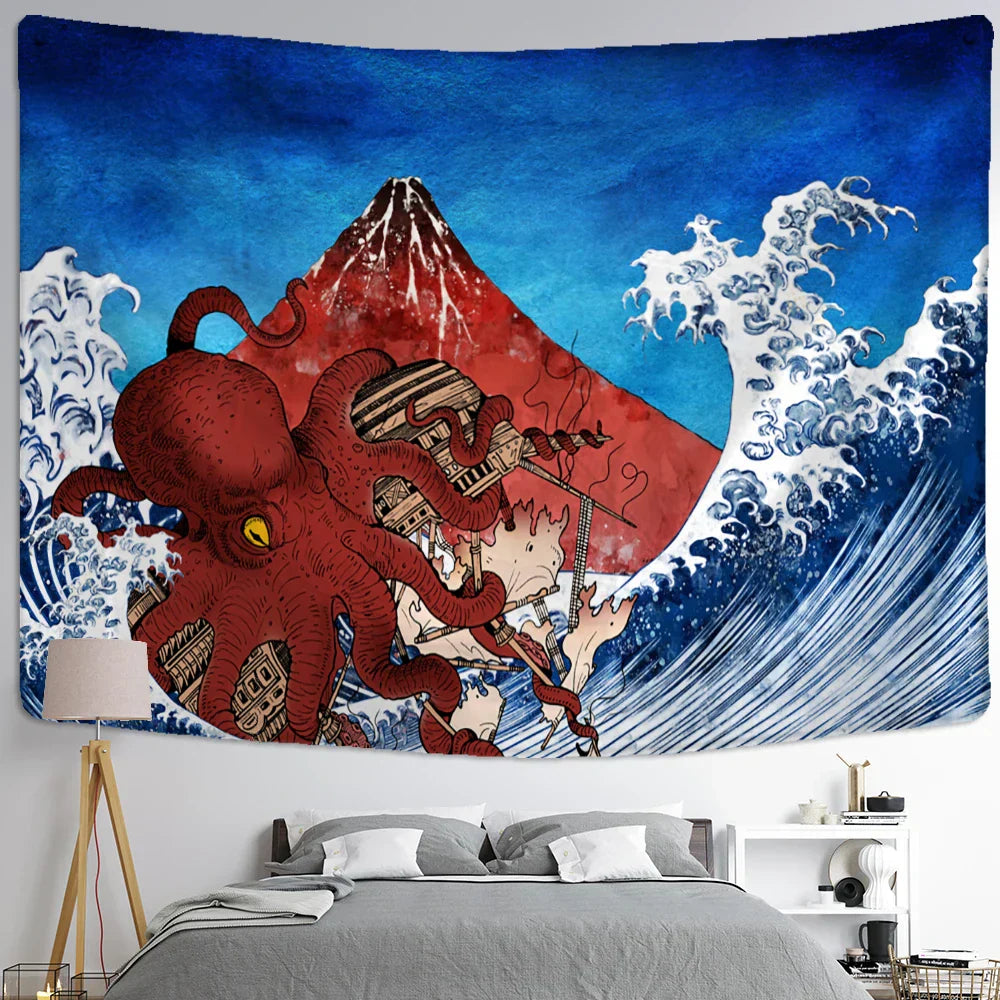 DecorBites™ Kanagawa Waves Oil Painting Tapestry Wall Hanging, Bohemian Style Psychedelic Hippie Art