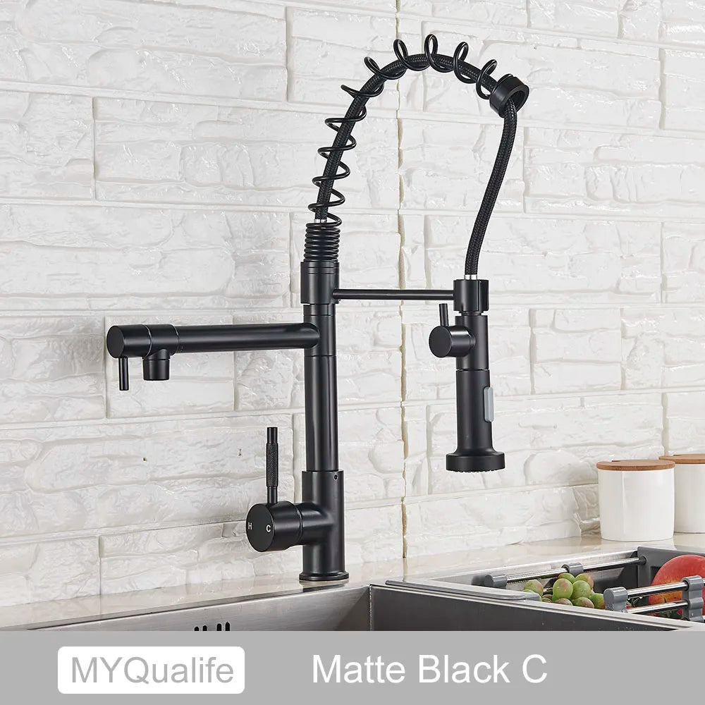 DecorBites™ Black Brass Kitchen Faucet with Dual Spout, 360 Rotation, Deck Mounted
