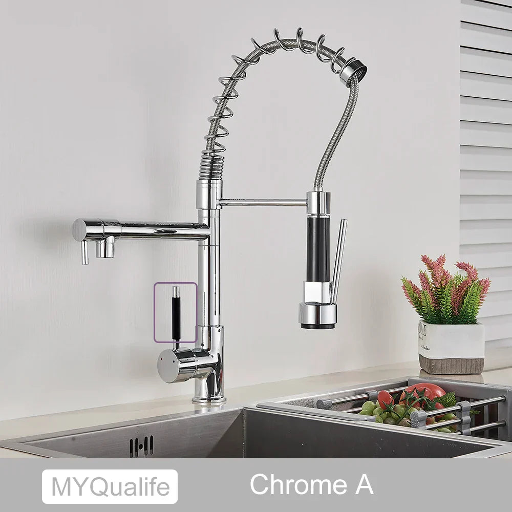 DecorBites™ Dual Spout Kitchen Sink Faucet - Matte Black Finish, Deck Mount Spring Mixer
