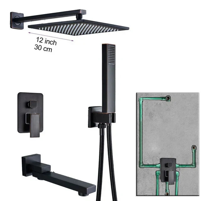 DecorBites™ Black Brass Shower Faucet with 2-Way Mixer, Handshower and Rainfall Head