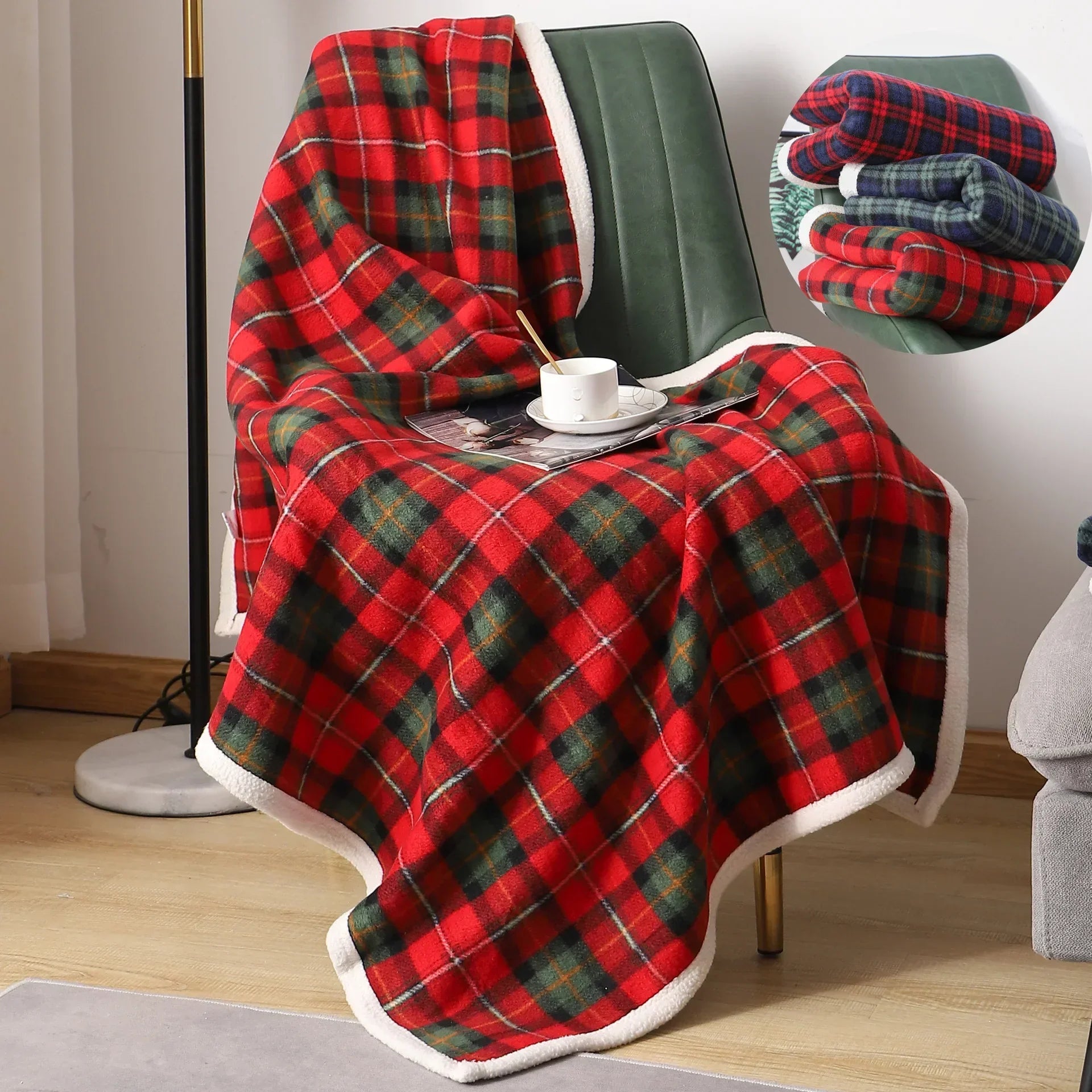 DecorBites™ Cozy Coral Fleece Plaid Blanket - Soft & Warm Flannel Bedspread