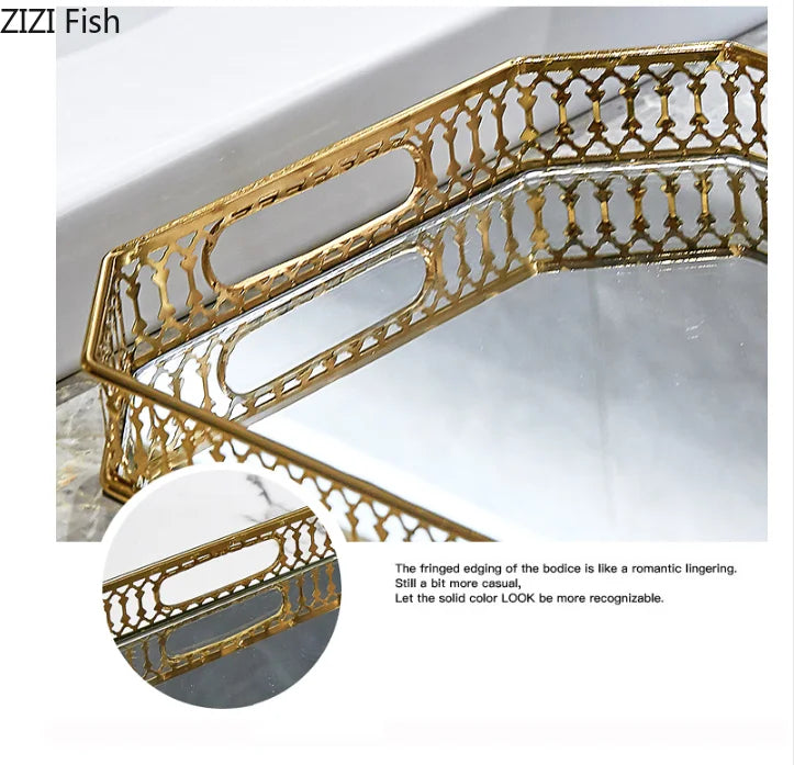 DecorBites™ Elegant Gold Mirror Glass Storage Tray for Jewelry and Small Items