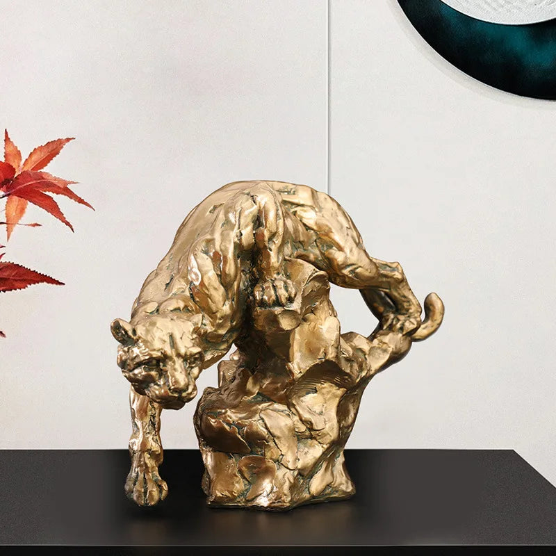 DecorBites™ Golden Leopard Resin Panther Figurine: Luxury Home Office Decor & Gift