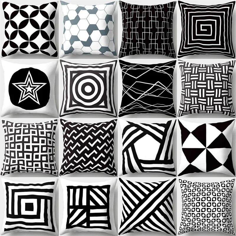 DecorBites™ Geometric Star Print Pillow Cover for Home Decor - Black & White Square Texture
