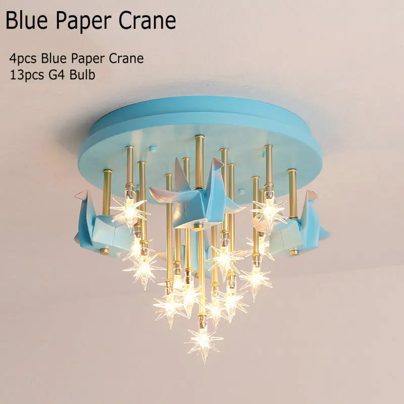 DecorBites™ Kids Resin Horse Paper Crane Ceiling Light - Blue Pink LED Bedroom Lamp
