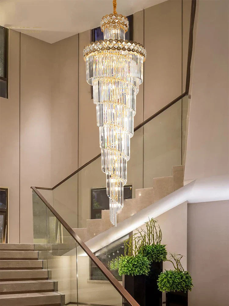DecorBites™ Gold Stainless Steel Crystal Chandelier for Long Villa Staircase Lighting