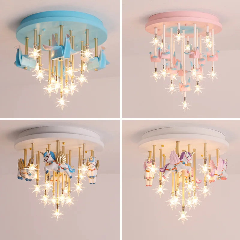 DecorBites™ Kids Resin Horse Paper Crane Ceiling Light - Blue Pink LED Bedroom Lamp