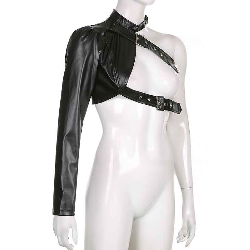Punk Style Crop Tops Cool Single Long Sleeve PU Leather Streetwear Jacket for Women