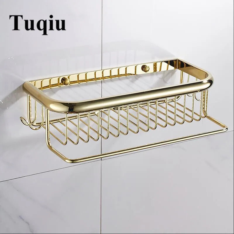 DecorBites™ Gold Brass Bathroom Shelf with Towel Hanger, Shampoo Holder, and Basket