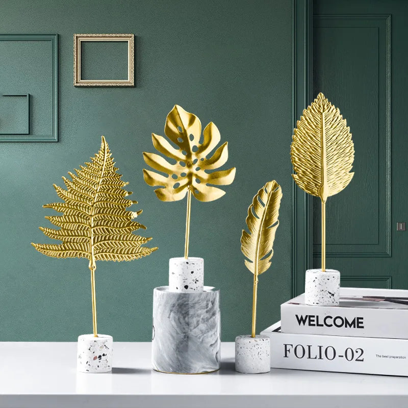 DecorBites™ Gold Leaf Decorations on Marble Base - Creative Metal Crafts for Home Decor