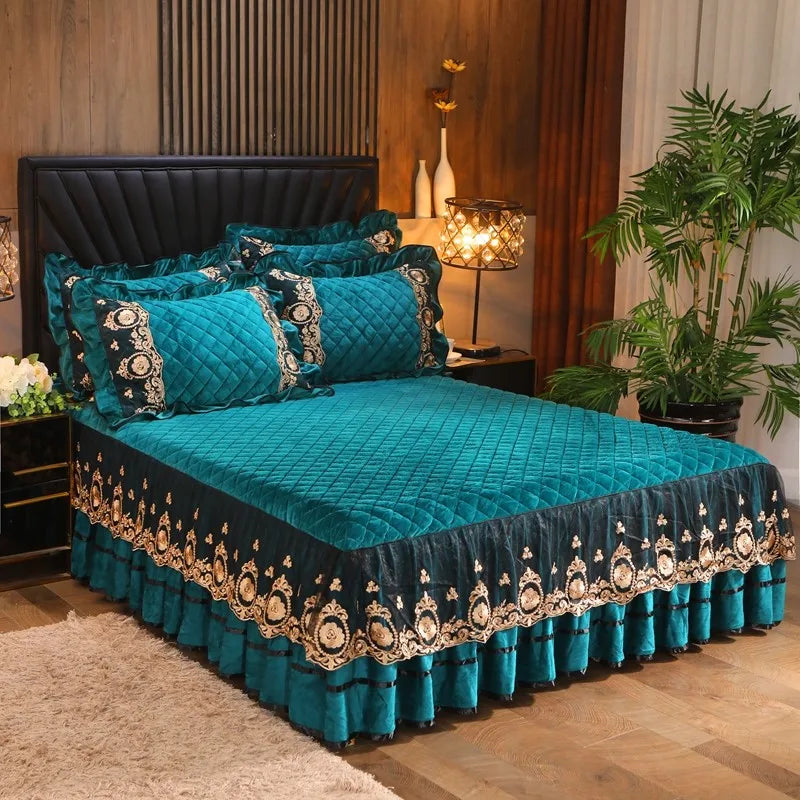 DecorBites™ Crystal Velvet Bedspread Set with Super Soft Quilting & Lace Bedskirt