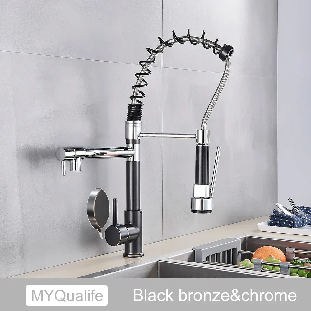 DecorBites™ Black Brass Kitchen Faucet with Dual Spout, 360 Rotation, Deck Mounted