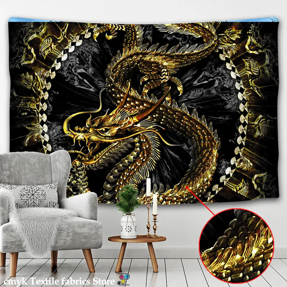 DecorBites™ Golden Loong Dragon Totem Tapestry, Cartoon Castle Wall Hanging & Home Decor Art