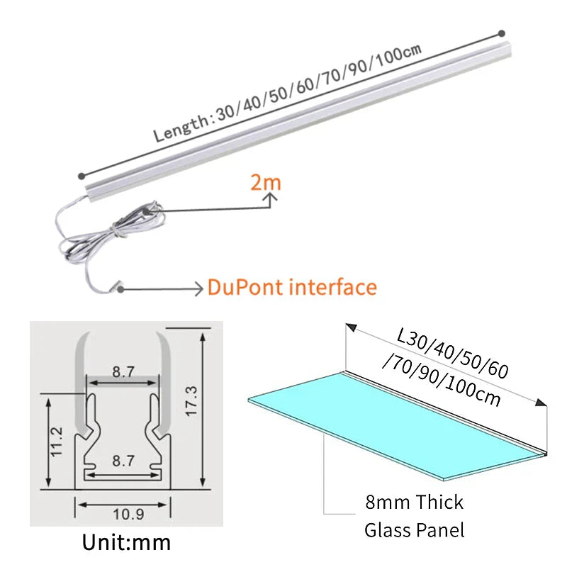 DecorBites™ LED Cabinet Bar Lamp for 8mm Glass Panel Bookshelf Strip Light