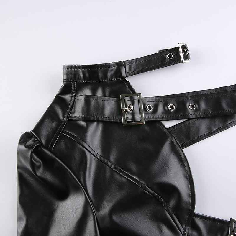 Punk Style Crop Tops Cool Single Long Sleeve PU Leather Streetwear Jacket for Women