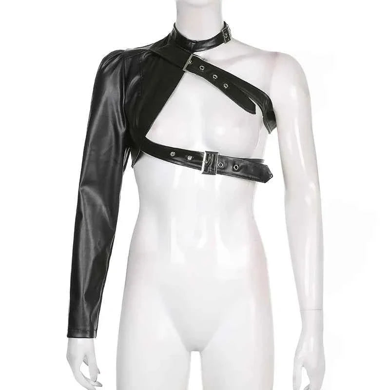 Punk Style Crop Tops Cool Single Long Sleeve PU Leather Streetwear Jacket for Women