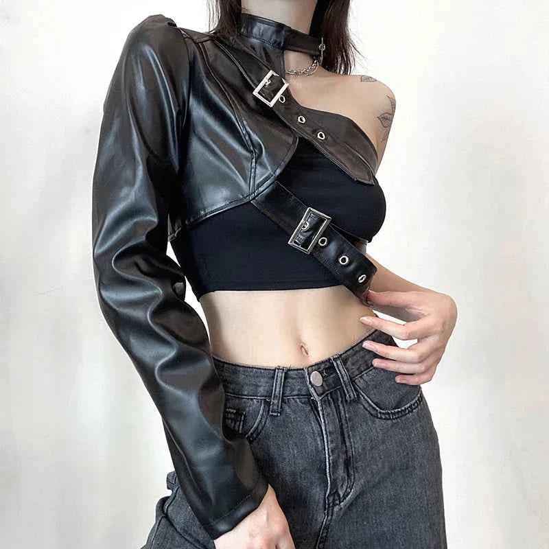 Punk Style Crop Tops Cool Single Long Sleeve PU Leather Streetwear Jacket for Women