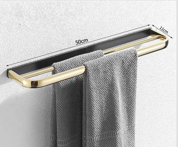 DecorBites™ Gold & Black Bathroom Hardware Set: Shelf, Towel Rack, Paper Holder, Brush Holder