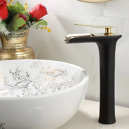 DecorBites™ Gold Waterfall Bathroom Basin Faucet, White Mixer Tap Hot Cold Sink Plugin