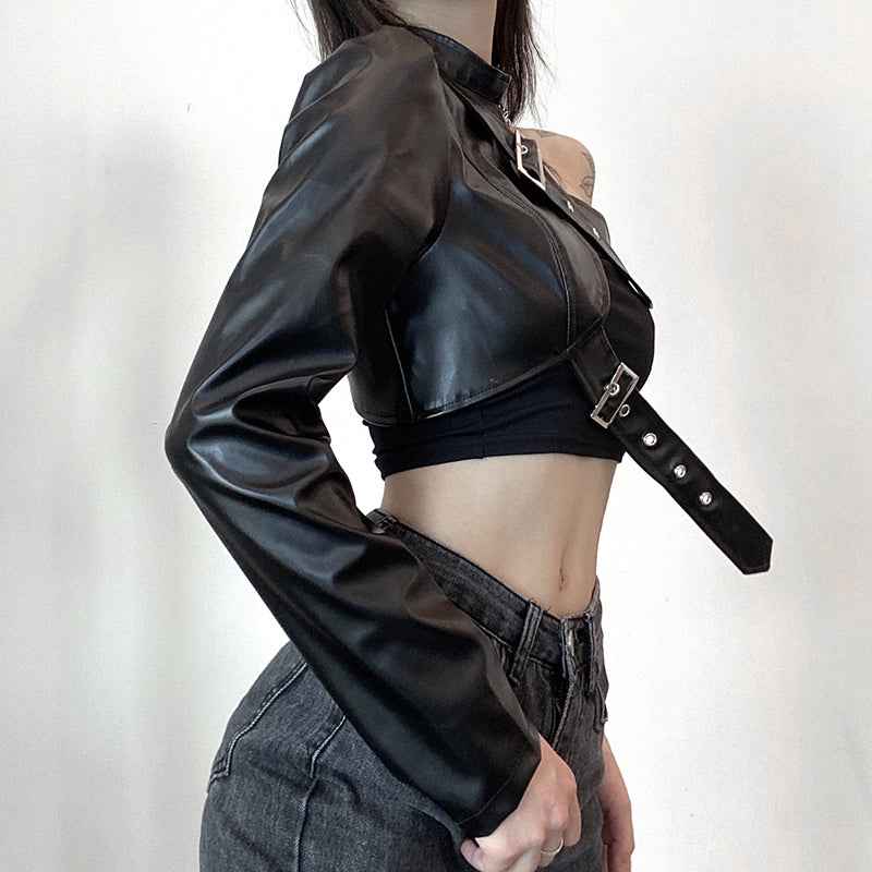 Punk Style Crop Tops Cool Single Long Sleeve PU Leather Streetwear Jacket for Women