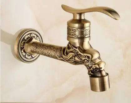 DecorBites™ Dragon Carved Antique Brass Garden Bibcocks Single Cold Tap for Outdoor ★