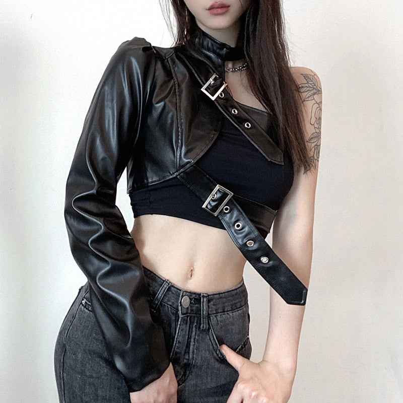 Punk Style Crop Tops Cool Single Long Sleeve PU Leather Streetwear Jacket for Women