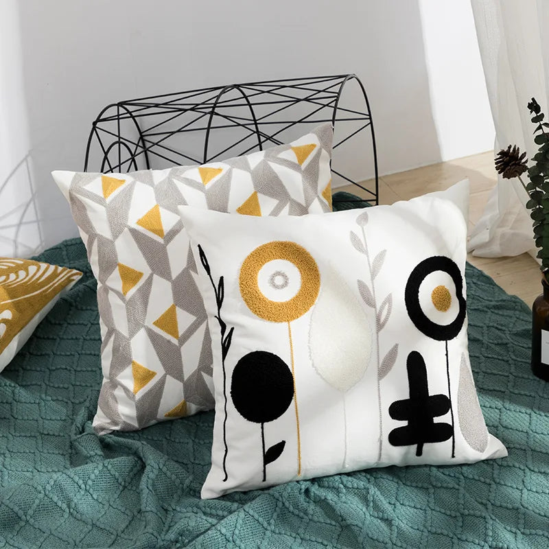 DecorBites™ Daisy Floral Geometric Embroidery Pillow Cover Yellow Blue 45x45cm Soft Cozy