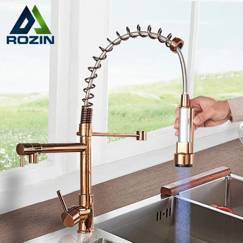 DecorBites™ LED Light Rose Gold Kitchen Faucet with Pull Down Spring Swivel Spout