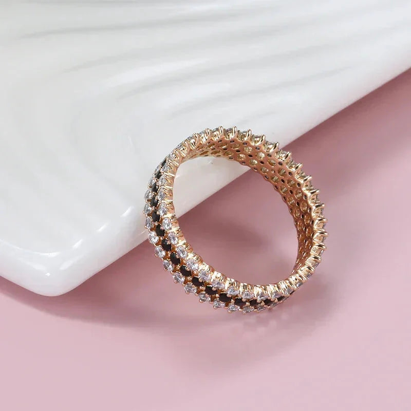 Kinel Hot Fashion 585 Rose Gold Rings For Women Vintage Accessories Full Black White Natural Zircon Shiny Ring Fine Jewelry