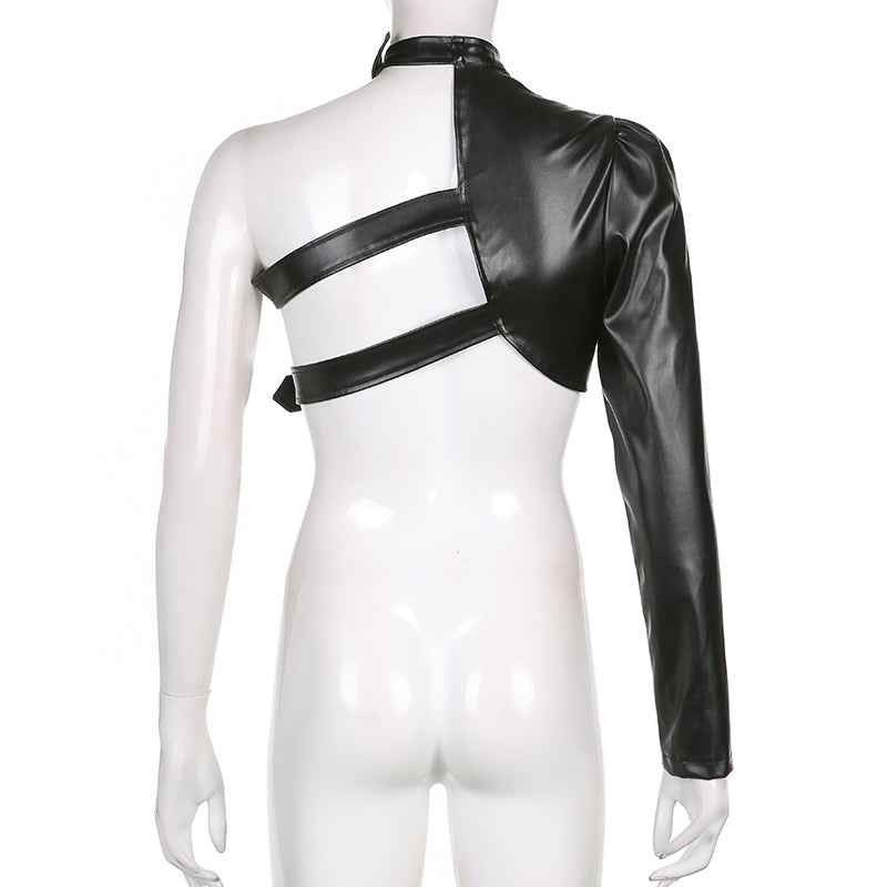 Punk Style Crop Tops Cool Single Long Sleeve PU Leather Streetwear Jacket for Women