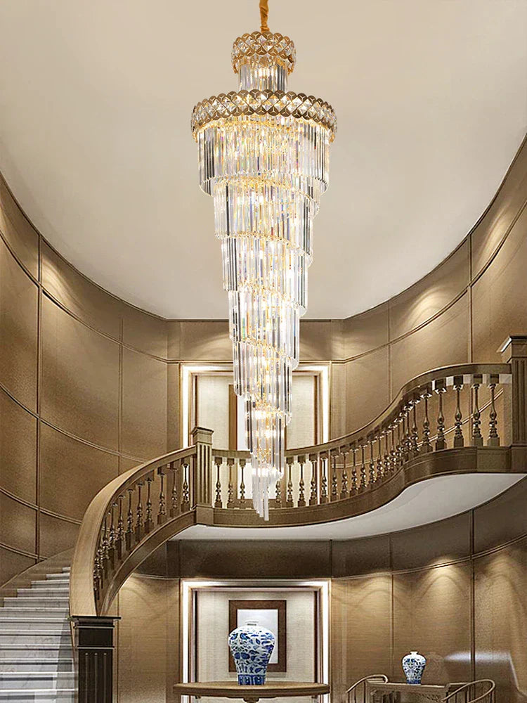 DecorBites™ Gold Stainless Steel Crystal Chandelier for Long Villa Staircase Lighting
