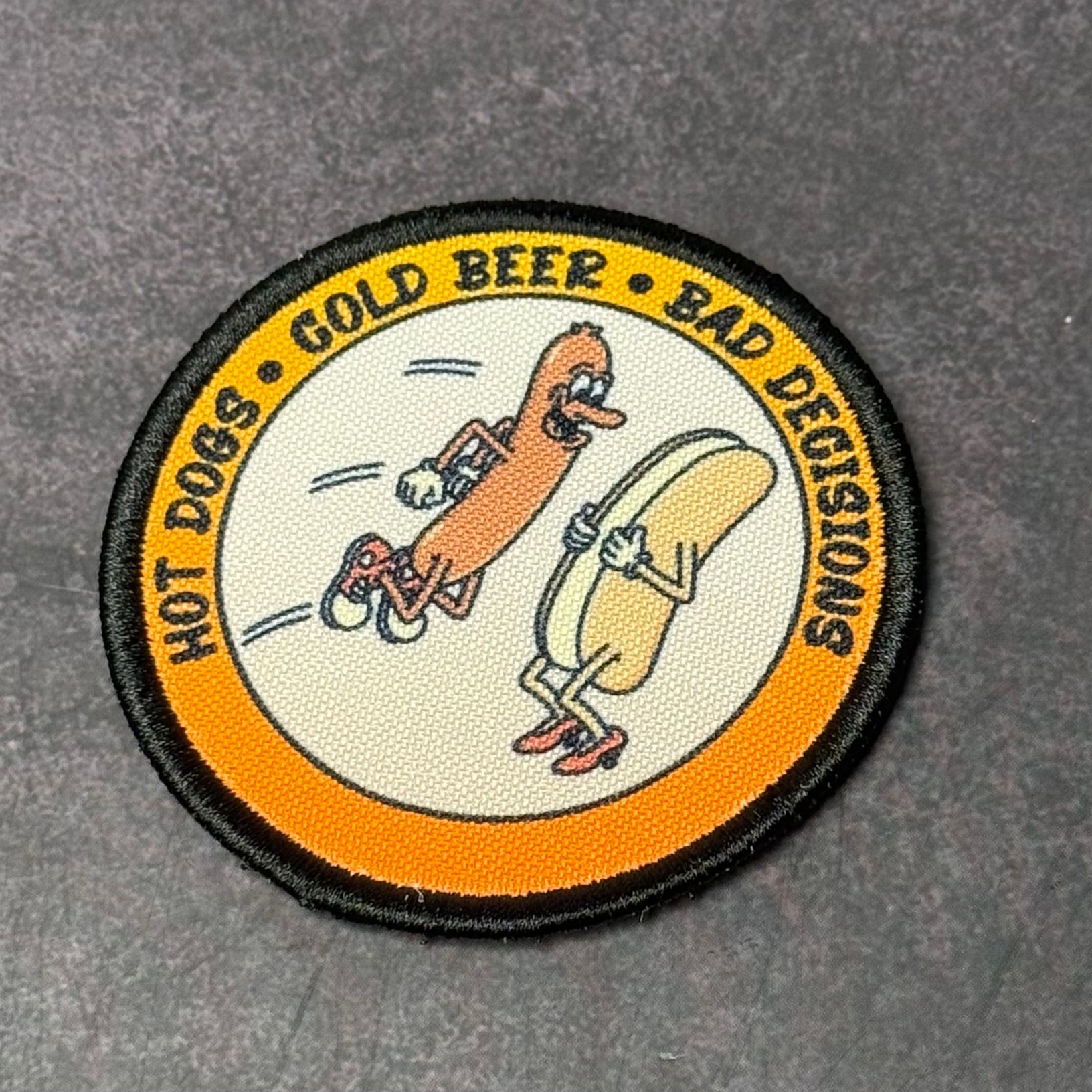 Hot Dogs, Cold Beer and Bad Decisions Funny VELCRO® Morale Patch, 3" Round | Made in USA