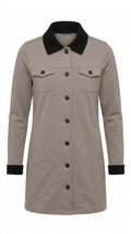 Women’s Taupe Maxi Jacket Shacket Size M Stretch French Terry Black Collar