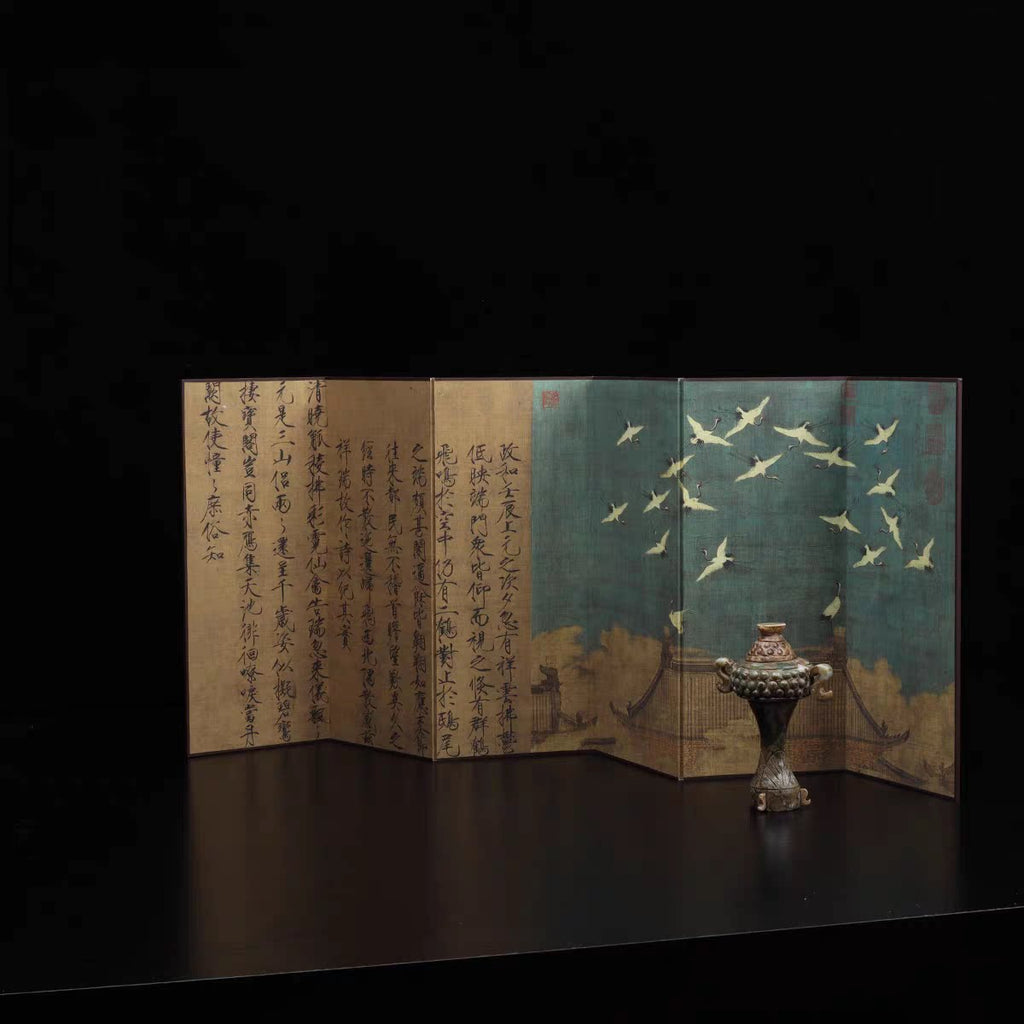 Japanese Imperial Byōbu Folding Screen | Double-Sided "Auspicious Cranes & Five-Color Parrot" | Large Format Desk & Shelf Art | Song Dynasty Masterpiece Replica