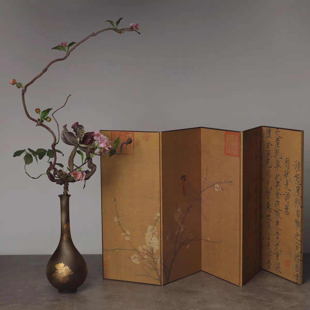 Japanese Imperial Byōbu Folding Screen | Double-Sided "Auspicious Cranes & Five-Color Parrot" | Large Format Desk & Shelf Art | Song Dynasty Masterpiece Replica