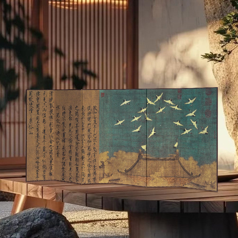 Japanese Imperial Byōbu Folding Screen | Double-Sided "Auspicious Cranes & Five-Color Parrot" | Large Format Desk & Shelf Art | Song Dynasty Masterpiece Replica