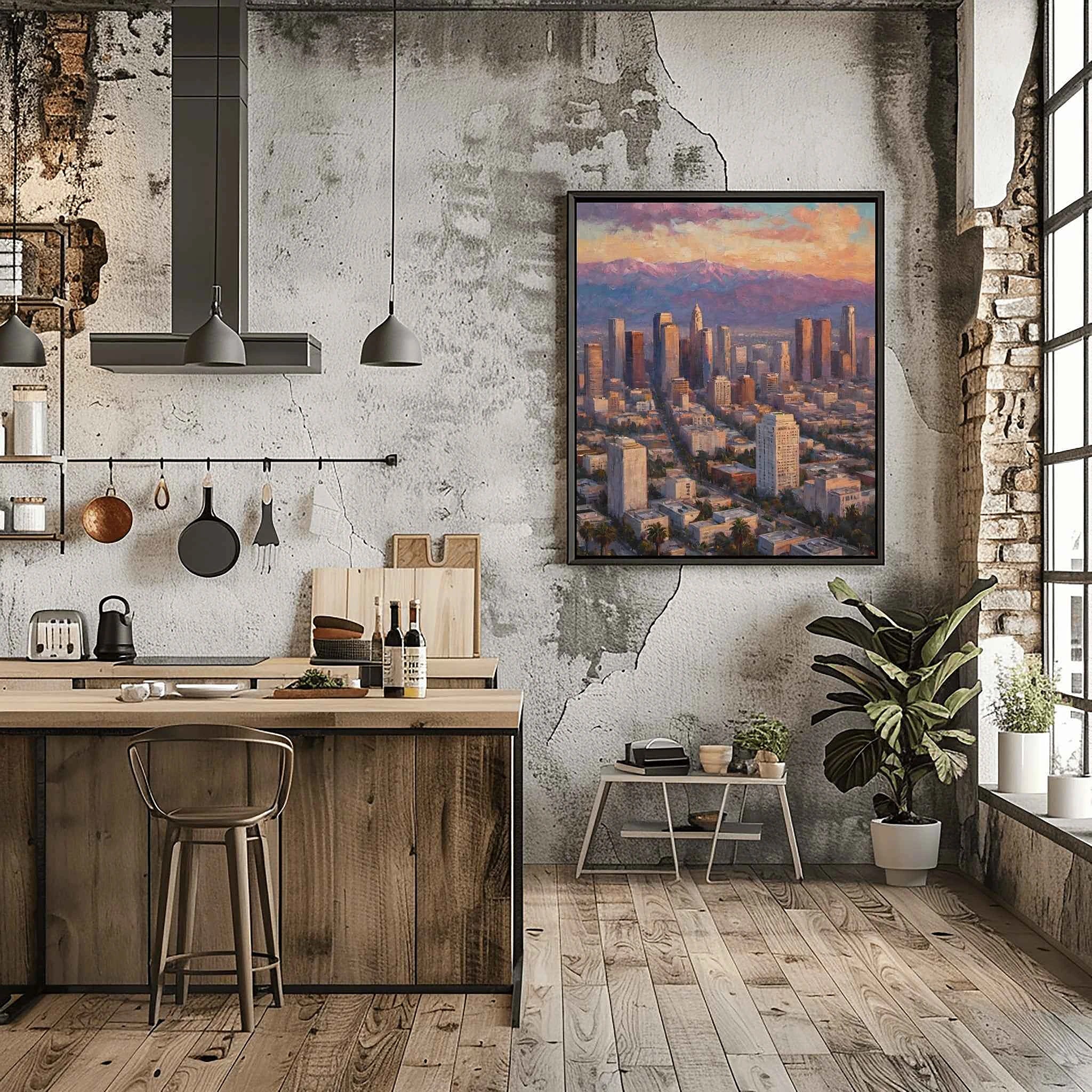 LA Golden Hour: Downtown Los Angeles Skyline & Mountain Sunset Oil Painting